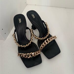 Zara Black Heels with Gold Chain Accent